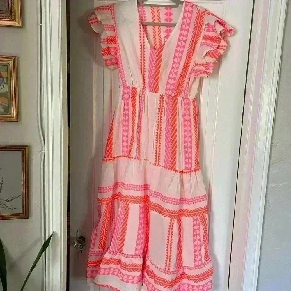 NEW Italian summer dress wedding guest holidaydress neon pink orange onesize (M) - Picture 2 of 5